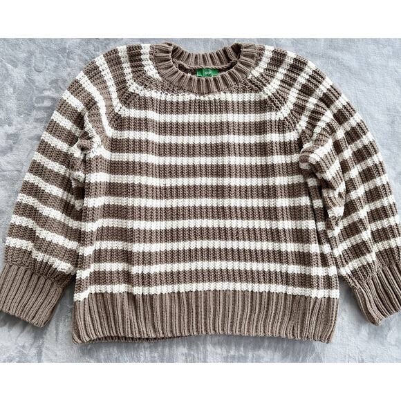 dip Sweaters - Dip Womens Sweater Crewneck Tan White Stripe Pullover Fuzzy Chennille Chunky XL
